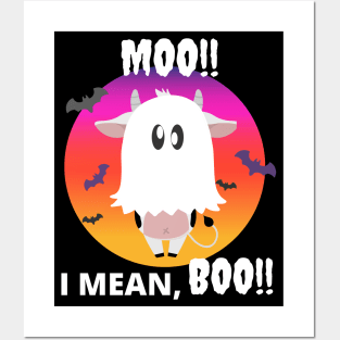 Moo, I mean Boo - Halloween Ghost Cow with bats Posters and Art